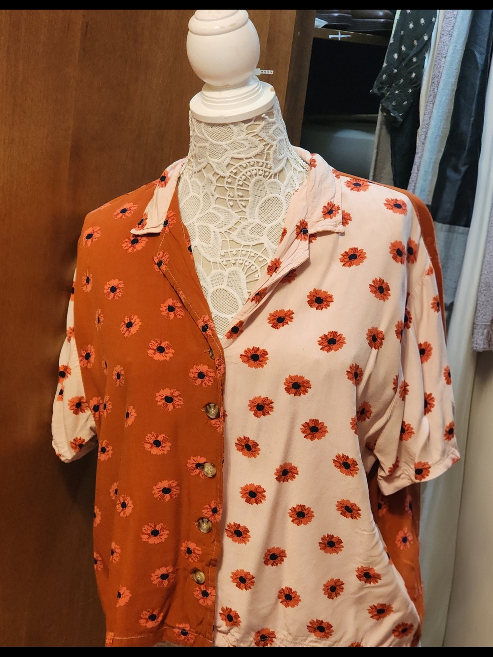 Two-Tone Orange Floral Button-Up Shirt for Men